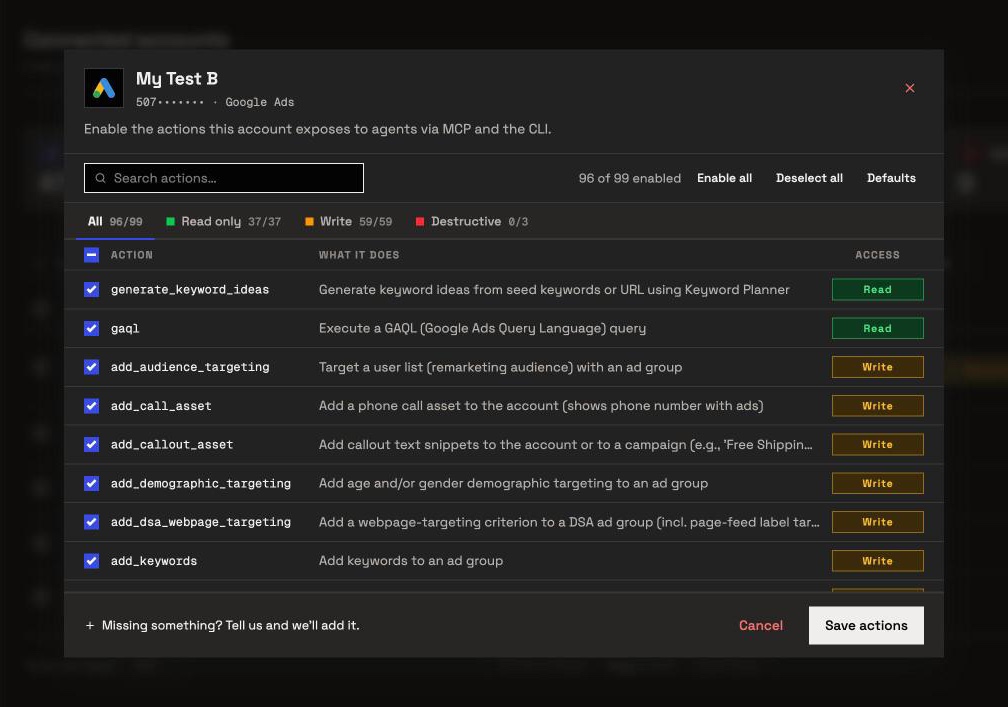 InsightfulPipe actions for one connected Google Ads account: 96 of 99 on, with read only 37 of 37, write 59 of 59 and destructive 0 of 3.