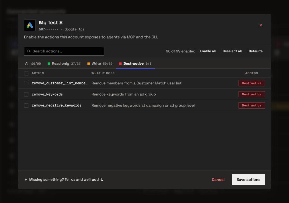 The actions for a connected Google Ads account in InsightfulPipe, on the Destructive tab: all three remove actions switched off, the default for a new connection, each one a switch an admin can turn on.