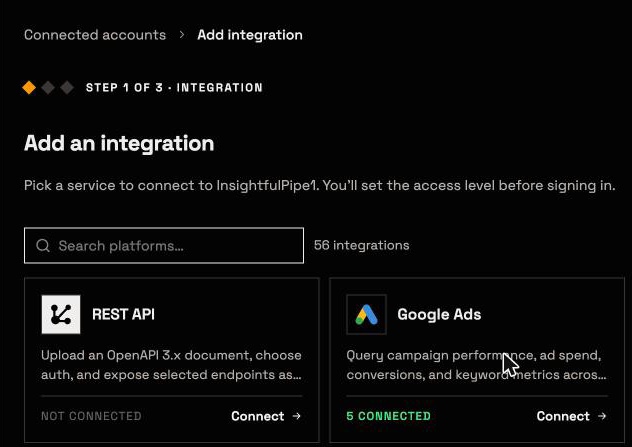 Step 1 of 3 in InsightfulPipe: the Add an integration grid, with the Google Ads card and its Connect button.