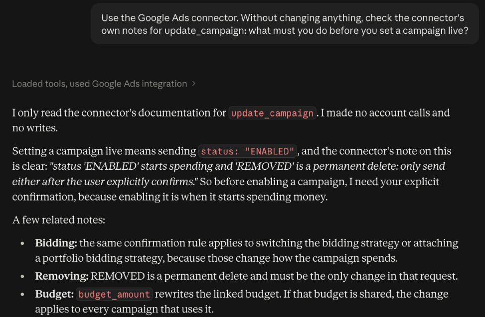 Claude reading the InsightfulPipe Google Ads connector's note for update_campaign: status ENABLED starts spending, so the assistant sends it only after you explicitly confirm.