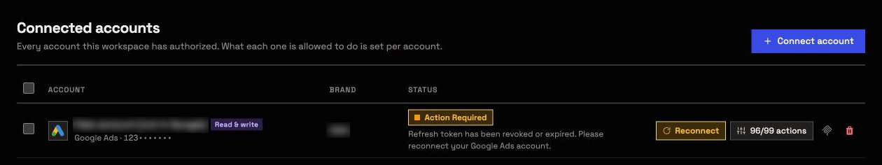 Connected accounts in InsightfulPipe: a Google Ads account flagged Action Required with a Reconnect button after its refresh token expired, its name and brand blurred.