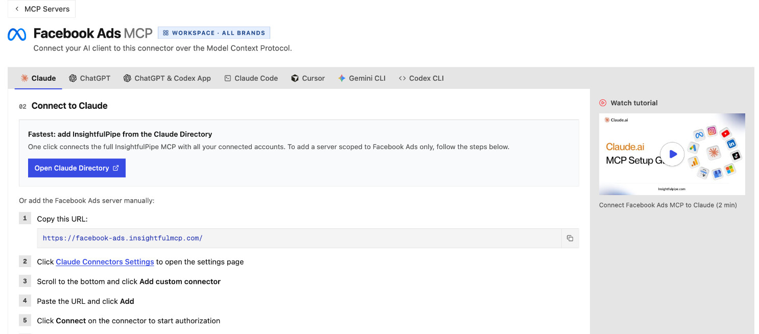 The Facebook Ads MCP guide inside InsightfulPipe on the Claude tab: the server URL, the Claude directory button, the client tabs and the walkthrough video.