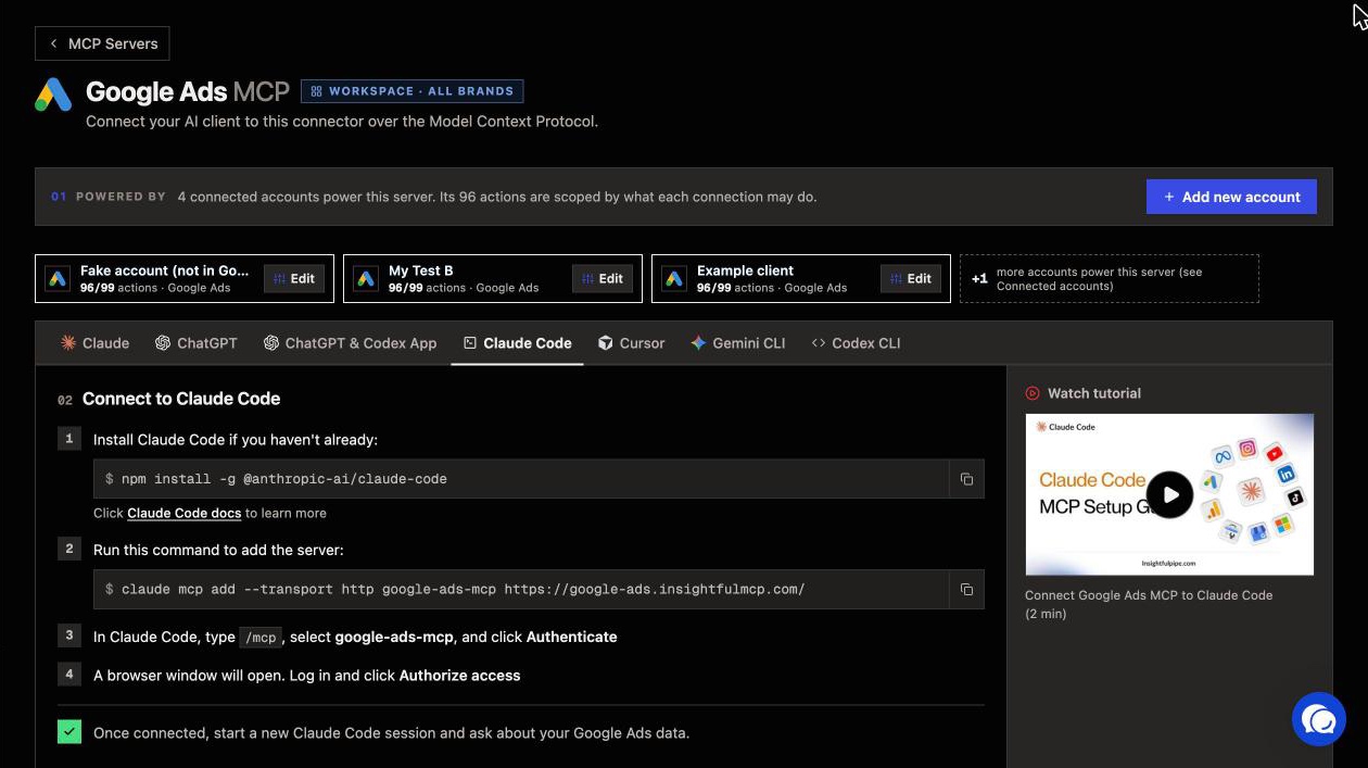 The Claude Code tab of the Google Ads MCP guide in InsightfulPipe, with the one-line claude mcp add command for google-ads-mcp.