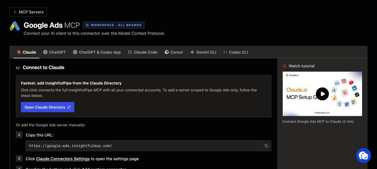 The Google Ads MCP guide inside InsightfulPipe on the Claude tab: the server URL, the Claude Directory button and the setup steps for each AI client.