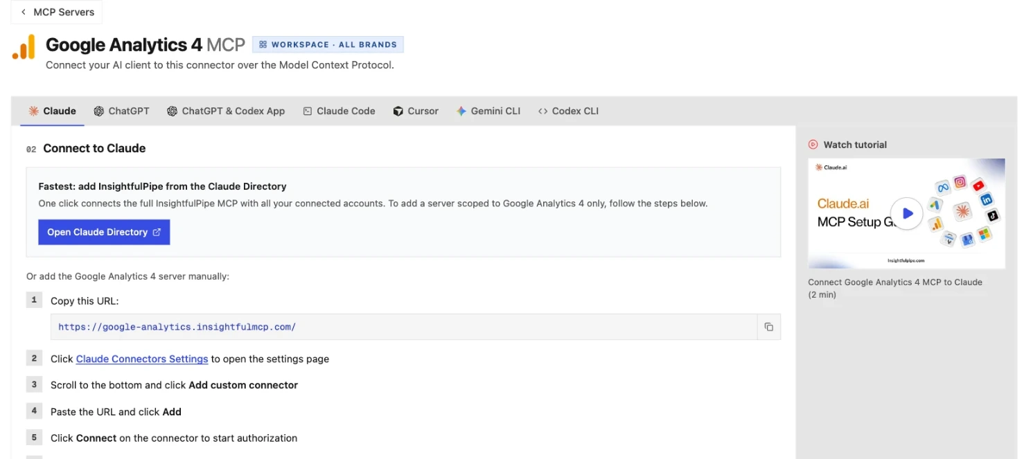 The Google Analytics 4 MCP guide inside InsightfulPipe on the Claude tab: the Open Claude Directory button, the server URL https://google-analytics.insightfulmcp.com/ and the setup steps.