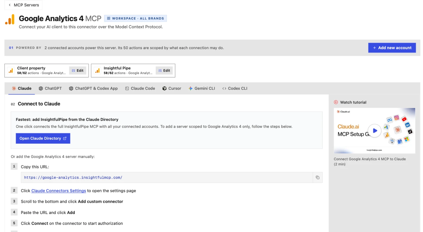 The Google Analytics 4 MCP guide inside InsightfulPipe on the Claude tab: the connected properties, the Open Claude Directory button, the server URL https://google-analytics.insightfulmcp.com/ and the setup steps.