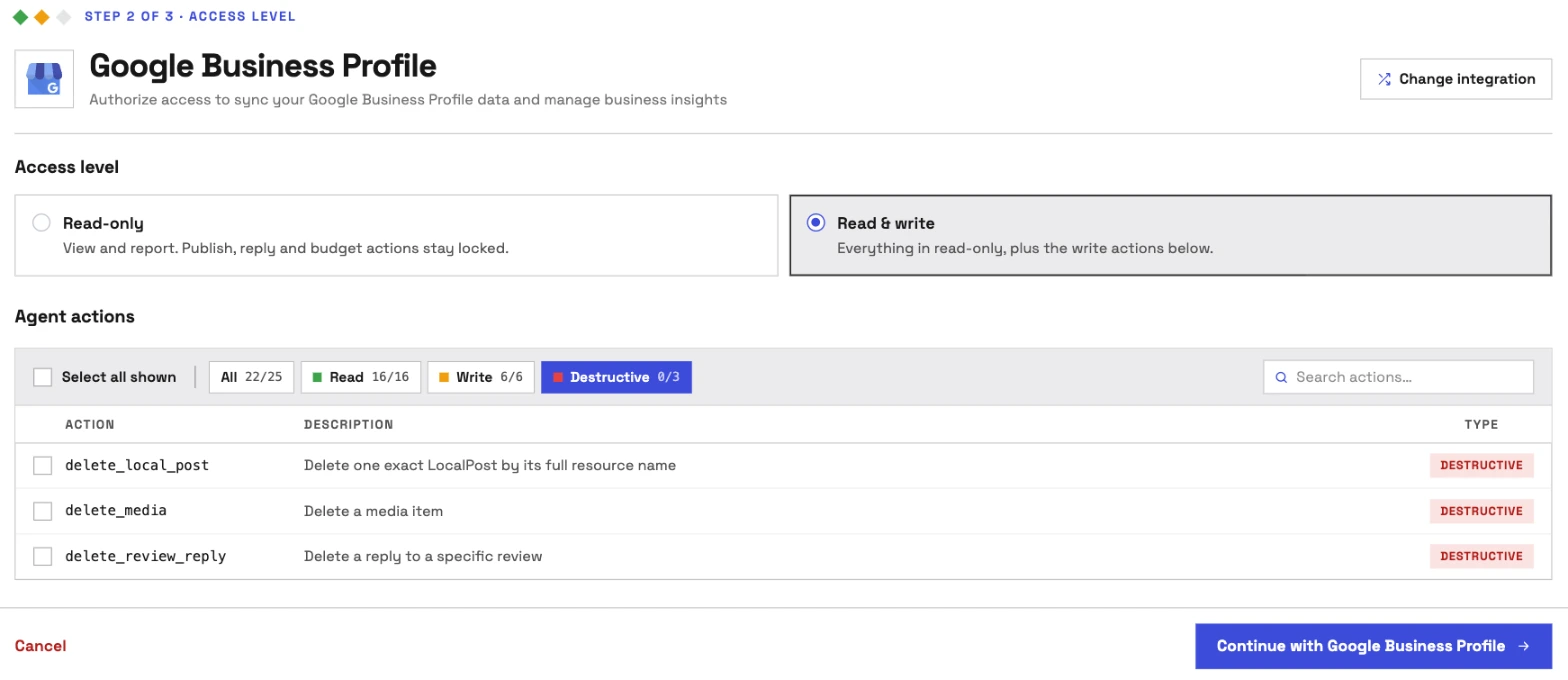 InsightfulPipe's Google Business Profile access level step before any Google sign-in: Read & write selected, 22 of 25 actions on, Read 16 of 16, Write 6 of 6, and Destructive at 0 of 3 for delete_local_post, delete_media and delete_review_reply.