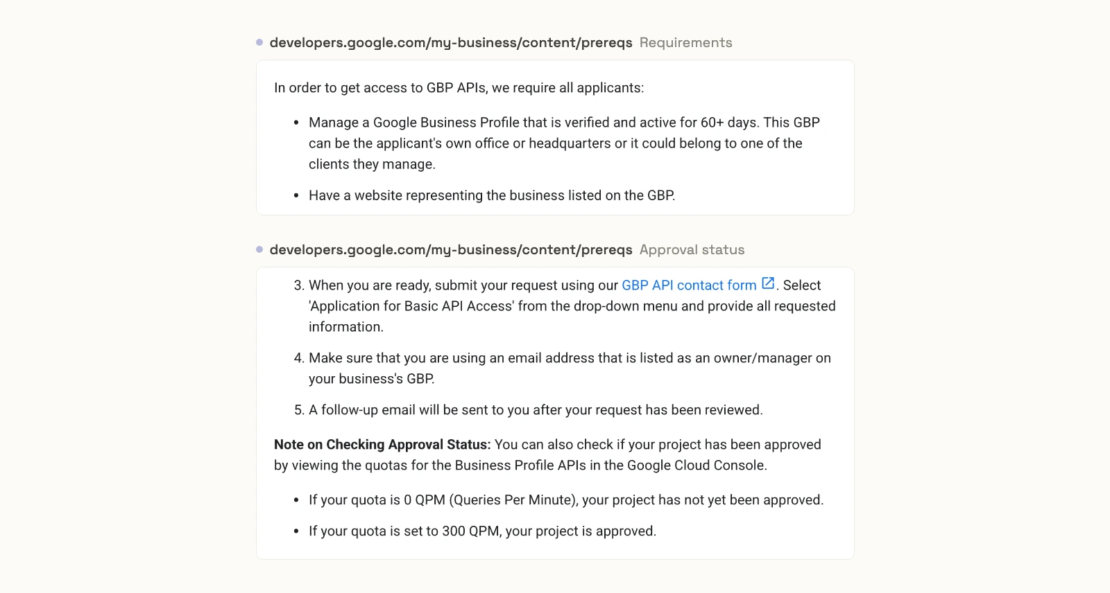 Google's Business Profile API prerequisites page: applicants must manage a profile verified and active for 60+ days and have a website, apply for Basic API Access, and see 0 QPM until approved and 300 QPM after.