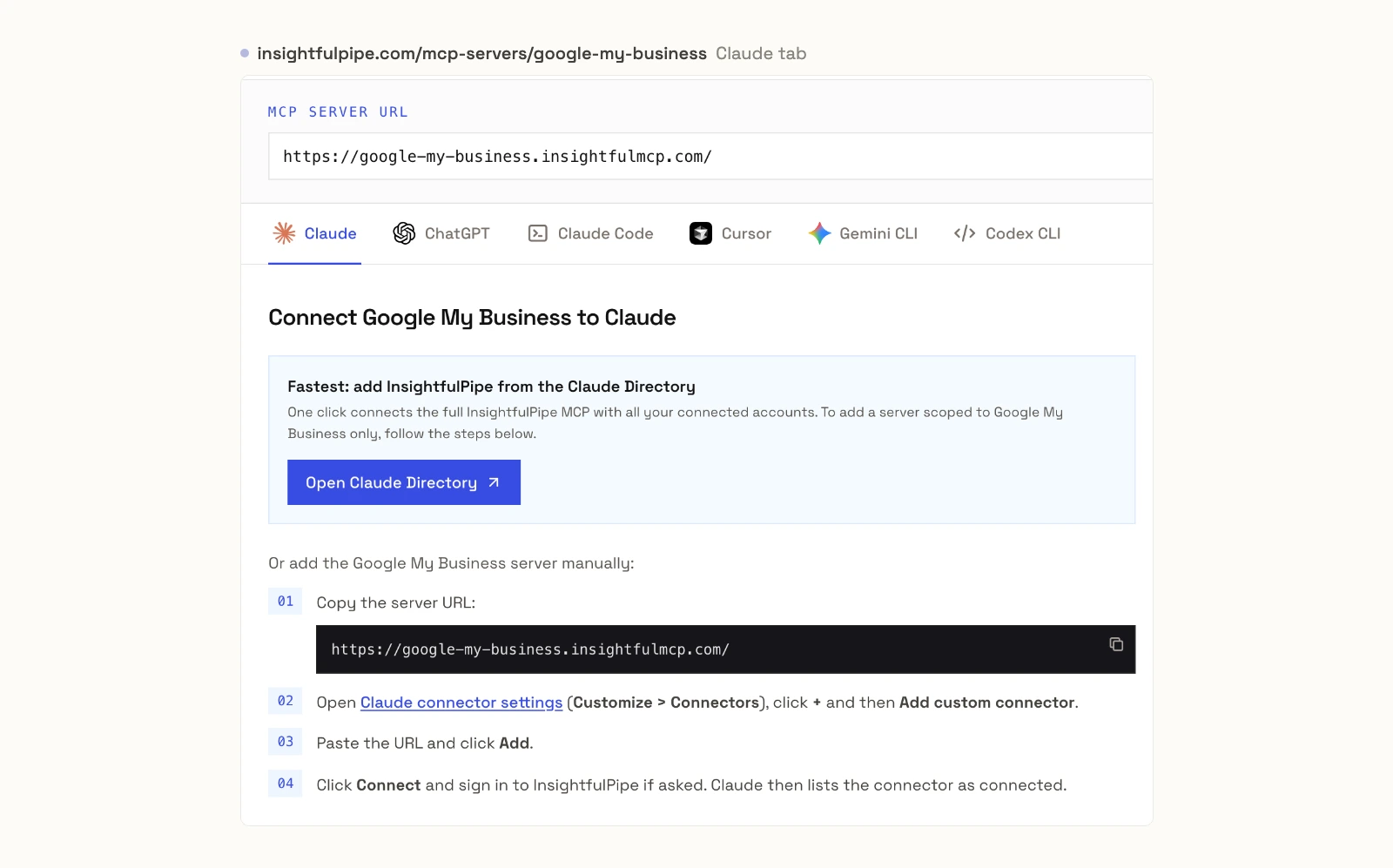 InsightfulPipe's Google Business Profile MCP page on the Claude tab: the server URL https://google-my-business.insightfulmcp.com/, the Open Claude Directory button, and four steps ending with click Connect and sign in if asked.