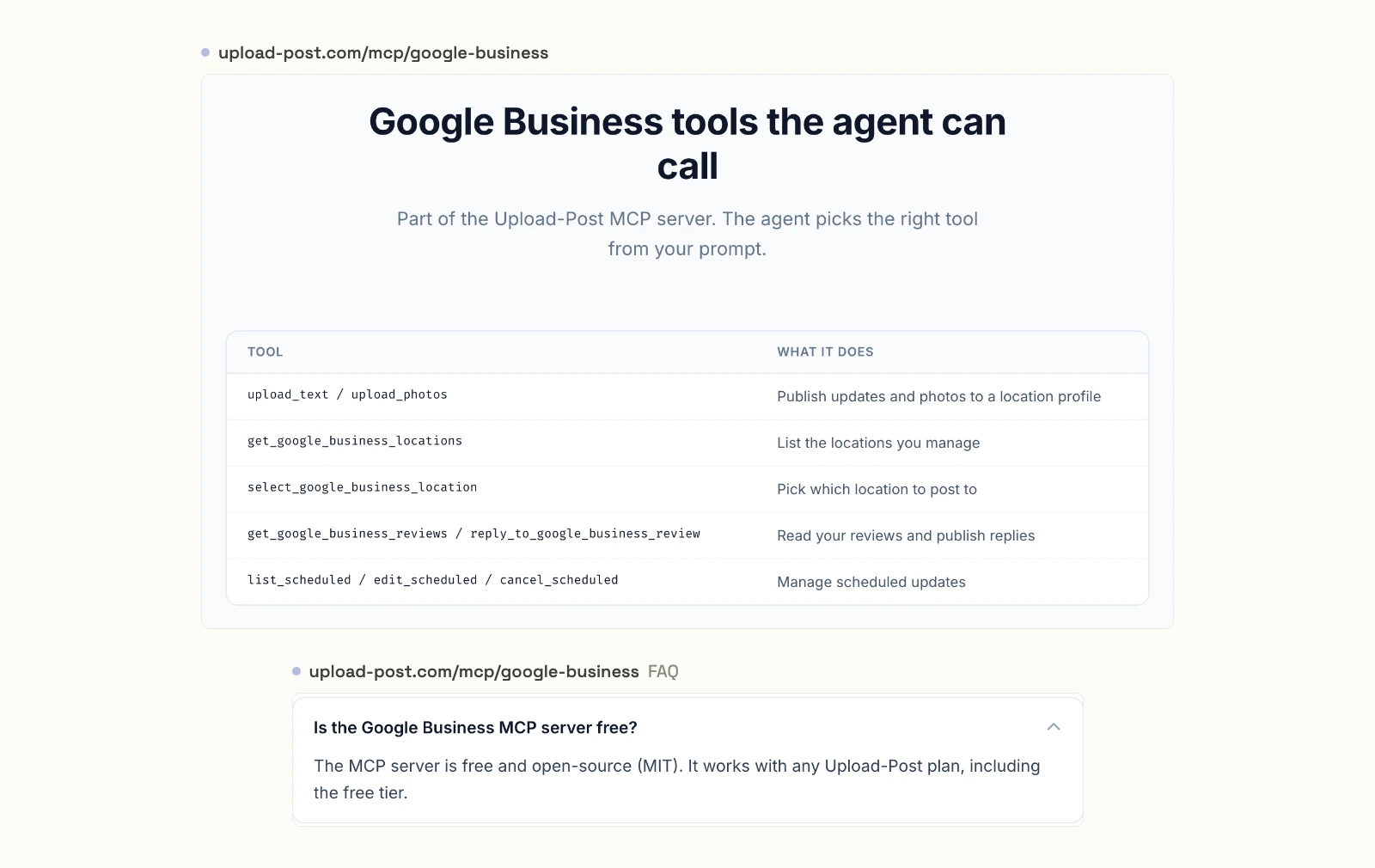 Upload-Post's Google Business MCP page listing its tools for updates, photos, locations, reviews, replies and scheduled posts, and its FAQ saying the MCP server is free and open-source under MIT.