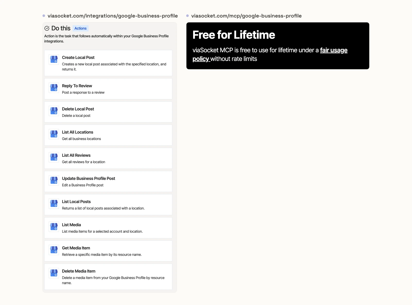viaSocket's Google Business Profile integration page listing 10 actions, from Create Local Post to Delete Media Item, beside its MCP page saying viaSocket MCP is free to use for lifetime under a fair usage policy.