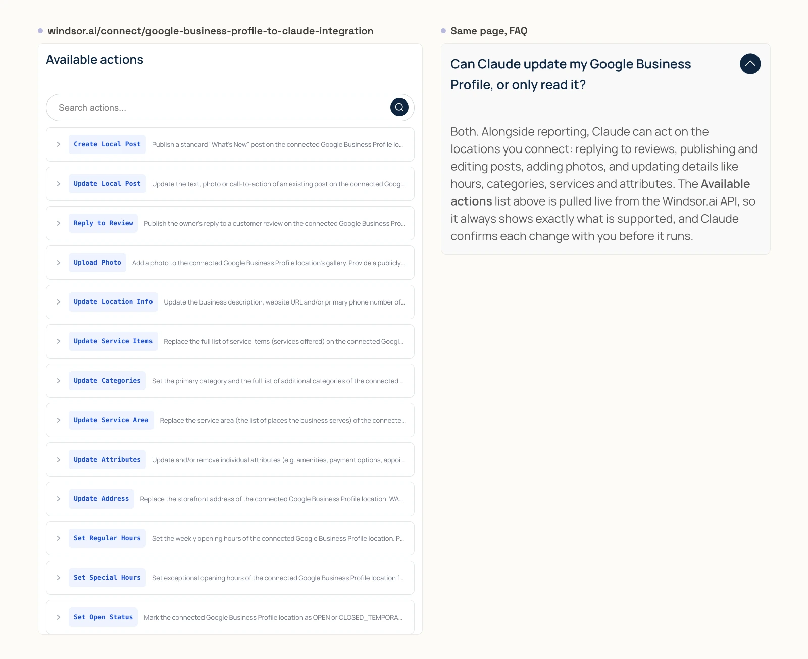 Windsor.ai's Google Business Profile to Claude page listing 13 available actions, from Create Local Post to Set Open Status, and its FAQ saying Claude confirms each change with you before it runs.