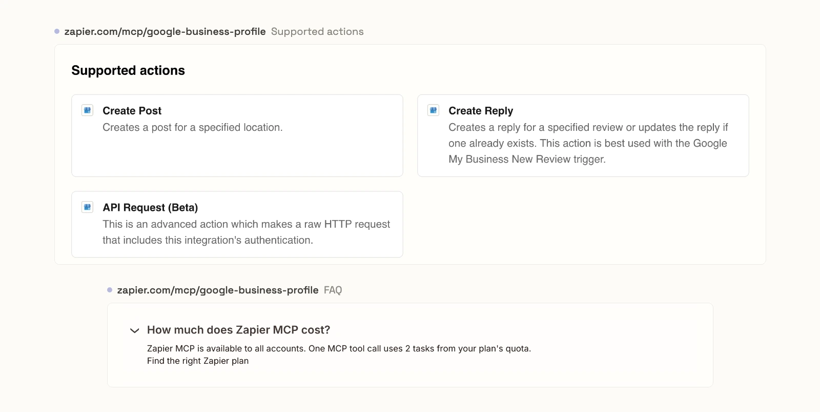Zapier's Google Business Profile MCP page listing three supported actions, Create Post, Create Reply and API Request (Beta), and its FAQ saying one MCP tool call uses 2 tasks from your plan's quota.