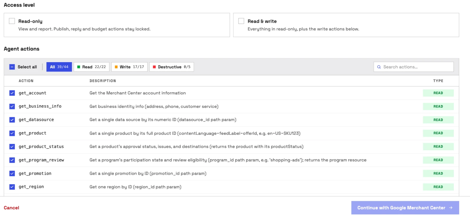 InsightfulPipe's Google Merchant Center access level step before any Google sign-in: Read-only or Read & write, with 39 of 44 actions on and Destructive at 0 of 5.