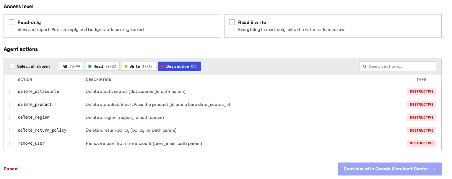The Destructive filter on InsightfulPipe's Google Merchant Center setup: delete_datasource, delete_product, delete_region, delete_return_policy and remove_user all off by default.