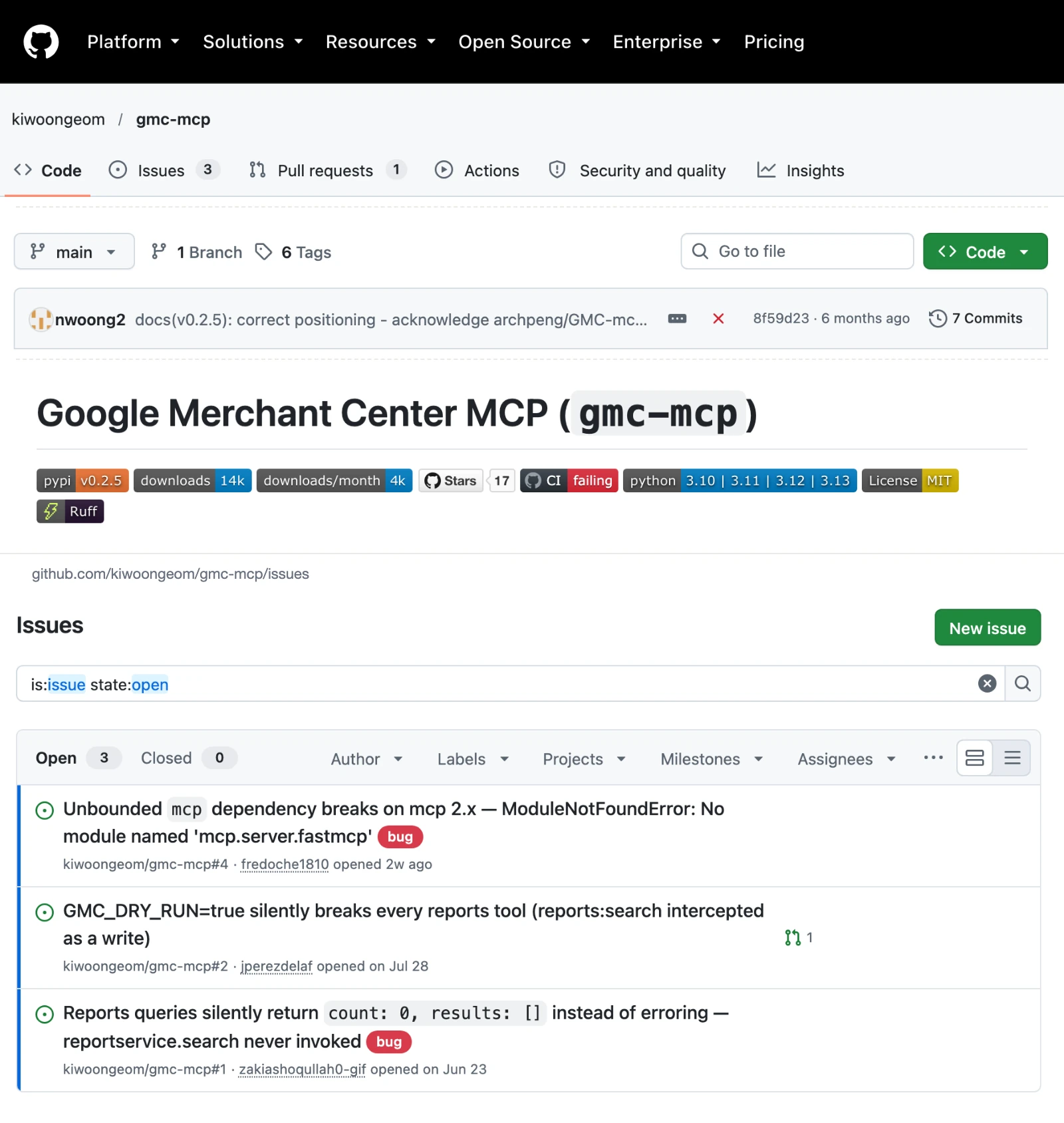 The kiwoongeom/gmc-mcp GitHub repository showing 7 Commits, a README CI badge that reads failing, and an Issues tab with three open issues, #4, #2 and #1, none with a reply.