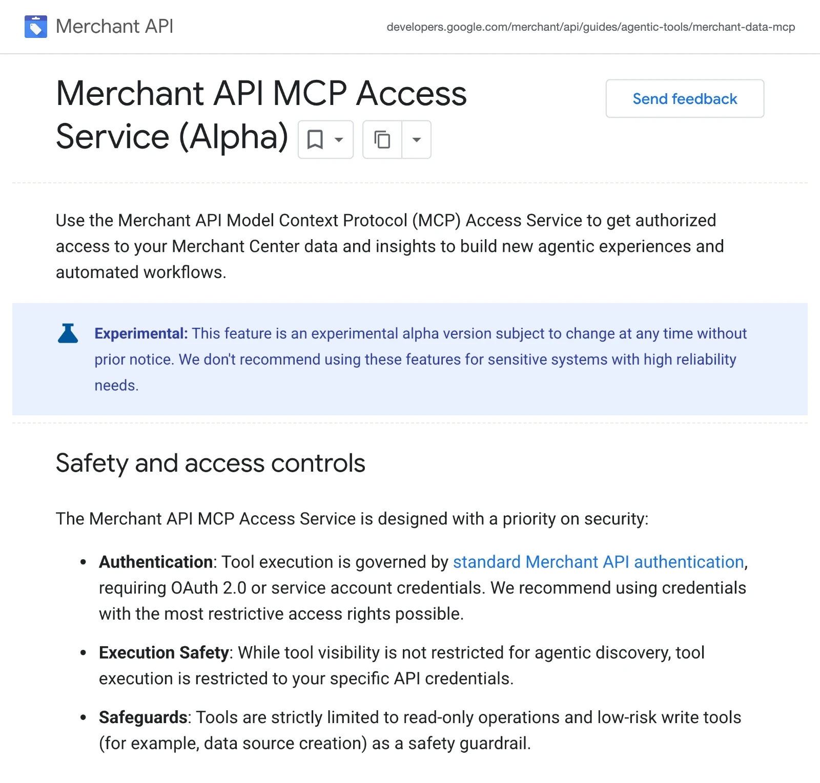 Google's Merchant API MCP Access Service (Alpha) page, with the notice that it is an experimental alpha version subject to change at any time without prior notice, and the safeguard that tools are strictly limited to read-only operations and low-risk write tools.