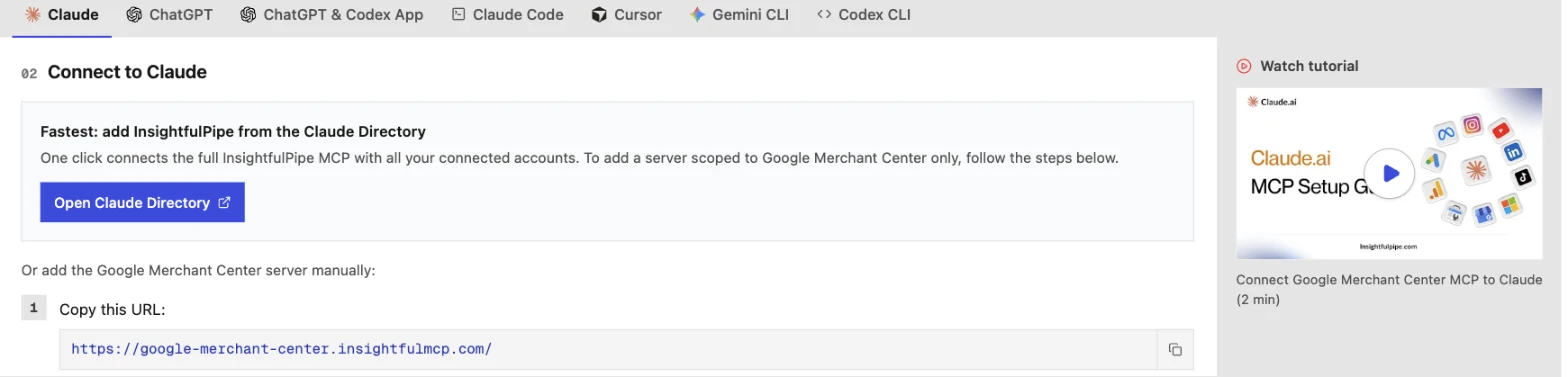 InsightfulPipe's Google Merchant Center MCP guide on the Claude tab: the Open Claude Directory button and the server URL https://google-merchant-center.insightfulmcp.com/.