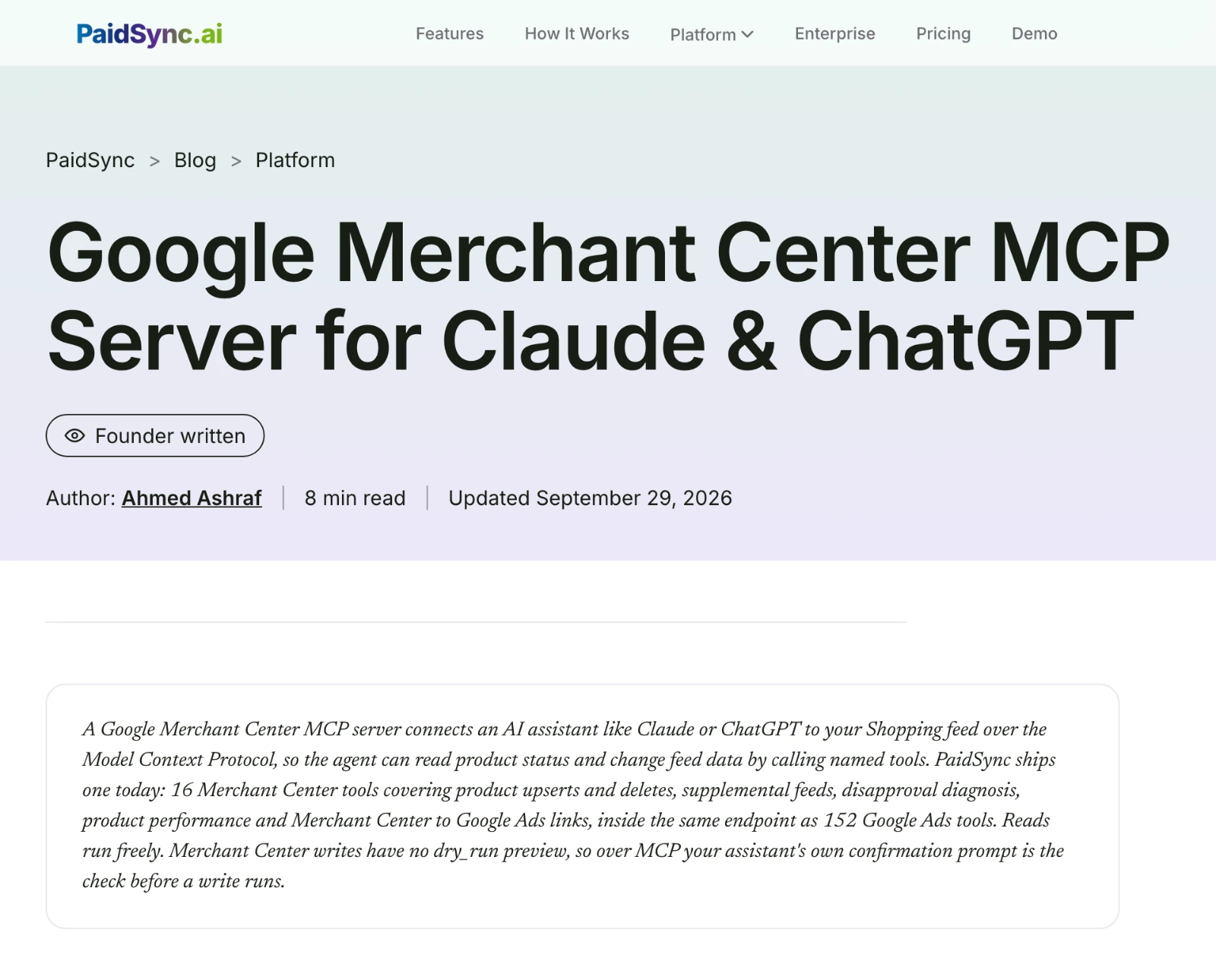 PaidSync's Google Merchant Center MCP page, whose summary says its 16 Merchant Center tools have no dry_run preview, so over MCP your assistant's own confirmation prompt is the check before a write runs.