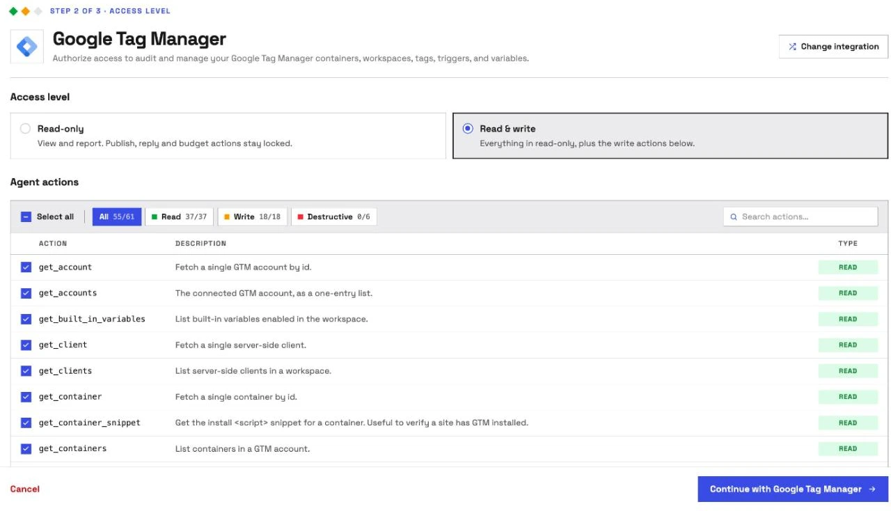InsightfulPipe's Google Tag Manager access level step before any Google sign-in: Read & write selected, 55 of 61 actions on, Read 37, Write 18, and Destructive at 0 of 6.