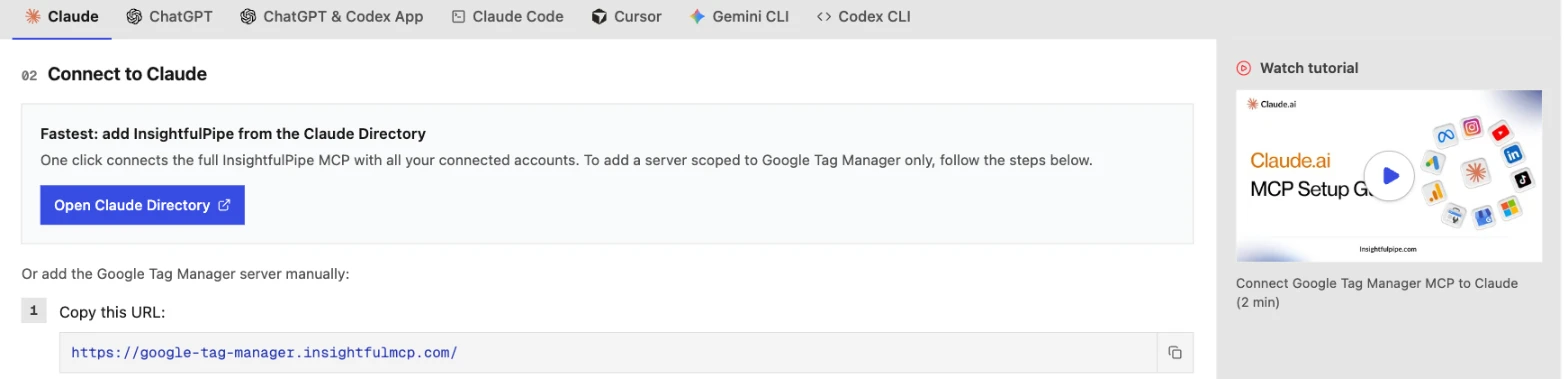 InsightfulPipe's Google Tag Manager MCP guide on the Claude tab: the Open Claude Directory button and the server URL https://google-tag-manager.insightfulmcp.com/.