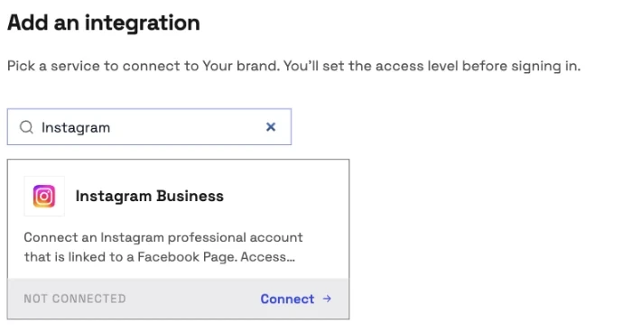 Add an integration in InsightfulPipe: a search for Instagram returns the Instagram Business card, for a professional account linked to a Facebook Page, with its Connect button.