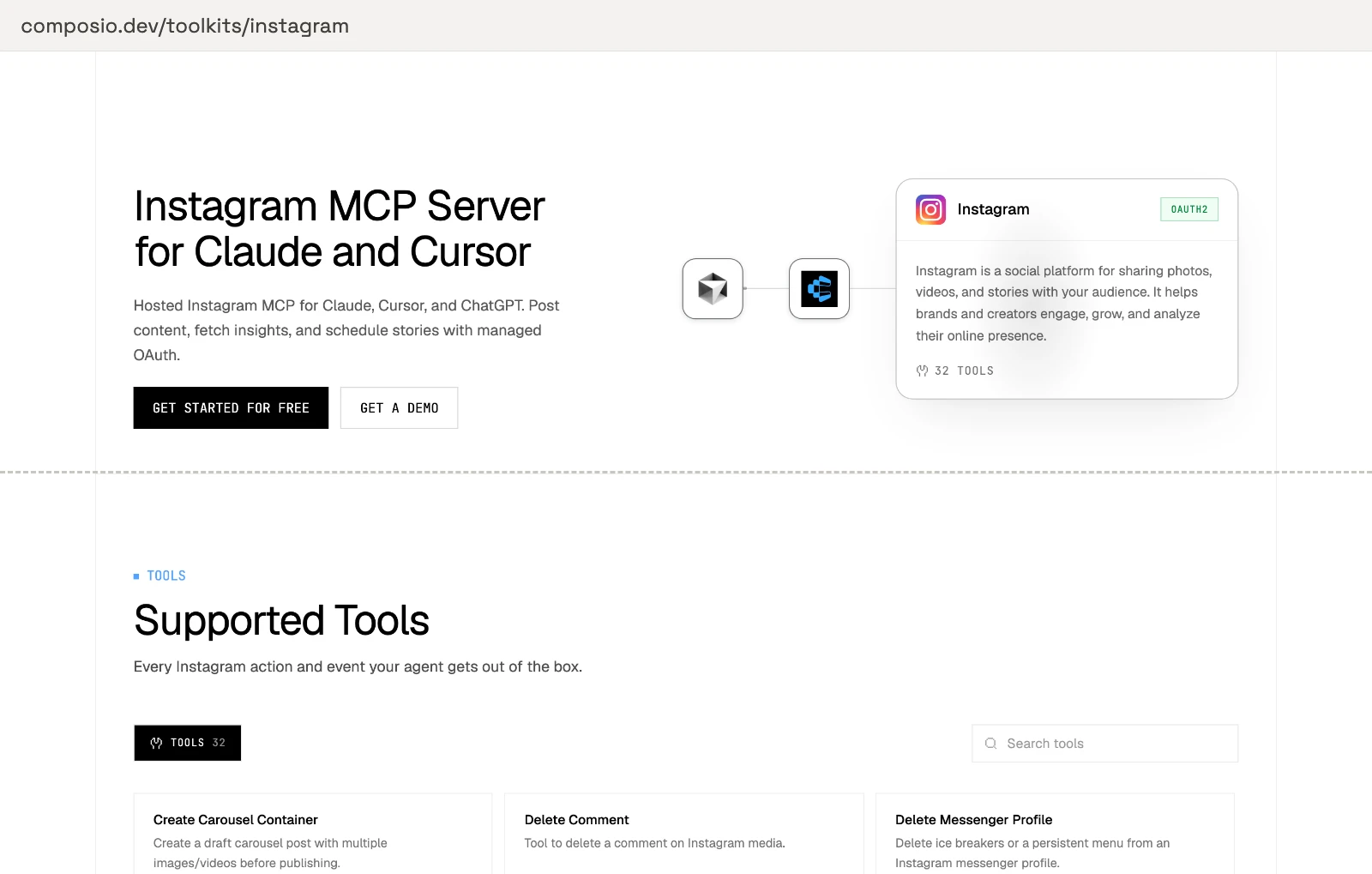 Composio's Instagram toolkit page: the hero 'Instagram MCP Server for Claude and Cursor' with the Instagram card showing 32 tools, and the Supported Tools section with the Tools 32 badge and the first rows Create Carousel Container, Delete Comment and Delete Messenger Profile.