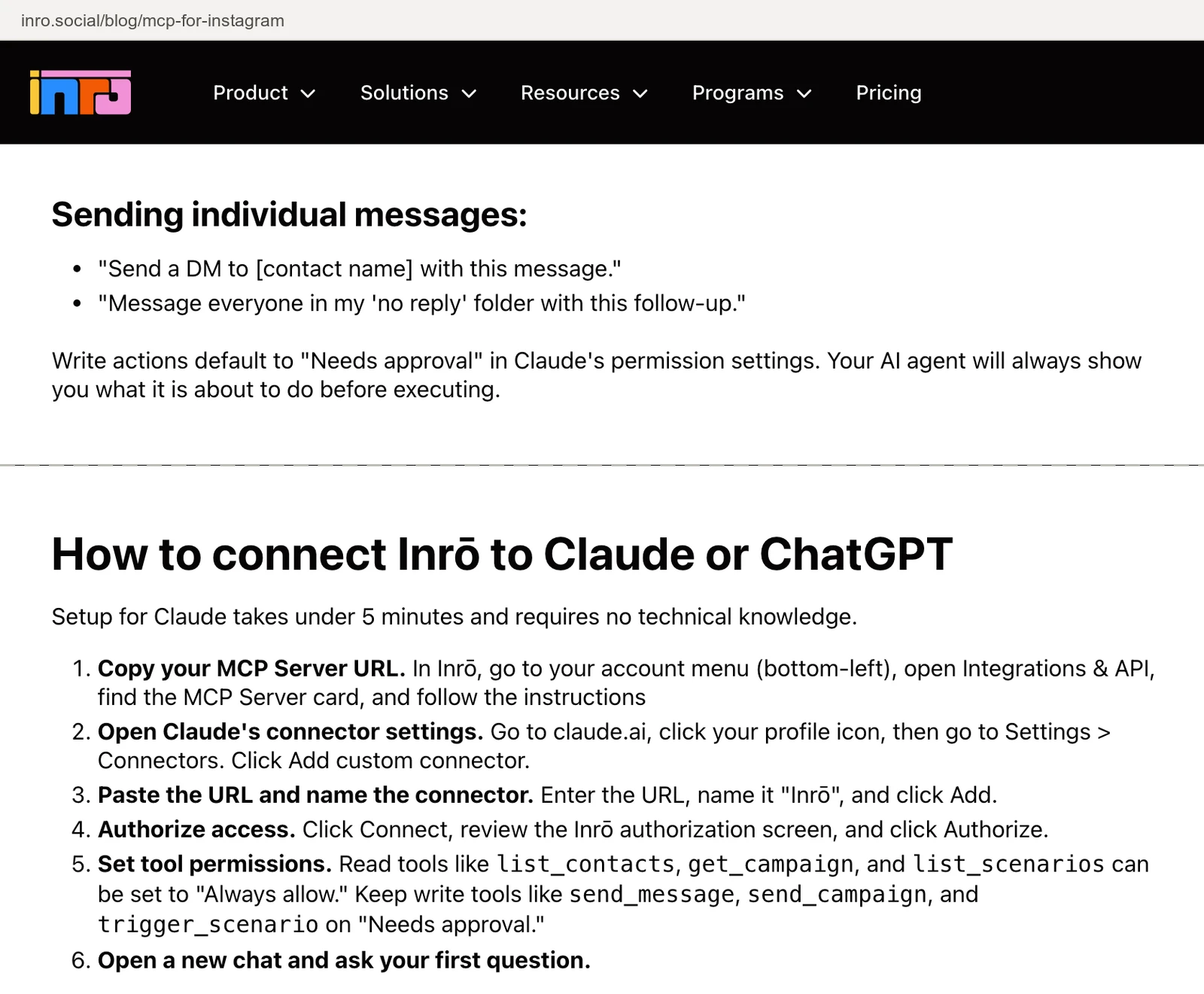 Inro's Instagram MCP blog post: write actions default to Needs approval in Claude's permission settings, and step 5 of How to connect Inro to Claude or ChatGPT, Set tool permissions, keeps write tools like send_message, send_campaign and trigger_scenario on Needs approval.