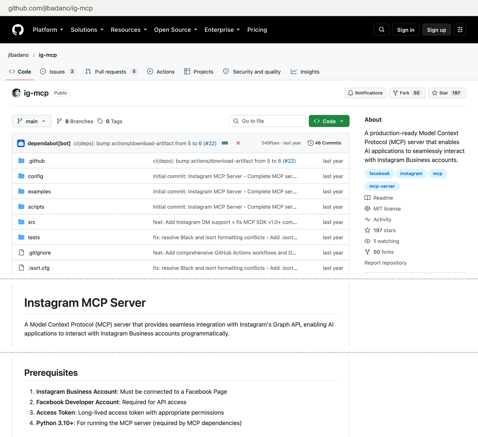 GitHub repository jlbadano/ig-mcp: the repository header with Star 197 and Fork 50, the About panel with MIT license and 197 stars, the README title Instagram MCP Server, and the Prerequisites list starting with Instagram Business Account: Must be connected to a Facebook Page.