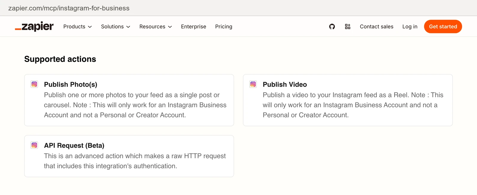 Zapier's Instagram for Business MCP page listing its three supported actions: Publish Photo(s) and Publish Video, each noting it only works for an Instagram Business Account and not a Personal or Creator Account, and API Request (Beta), a raw HTTP request that includes the integration's authentication.