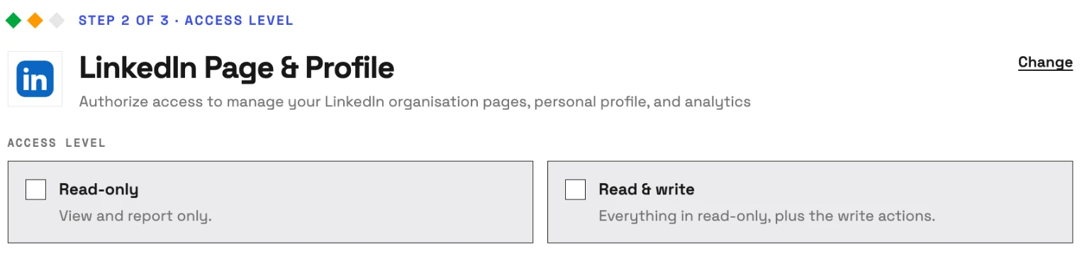 InsightfulPipe's LinkedIn Page & Profile setup, step 2 of 3, before any sign-in: choose Read-only or Read & write for the connection.