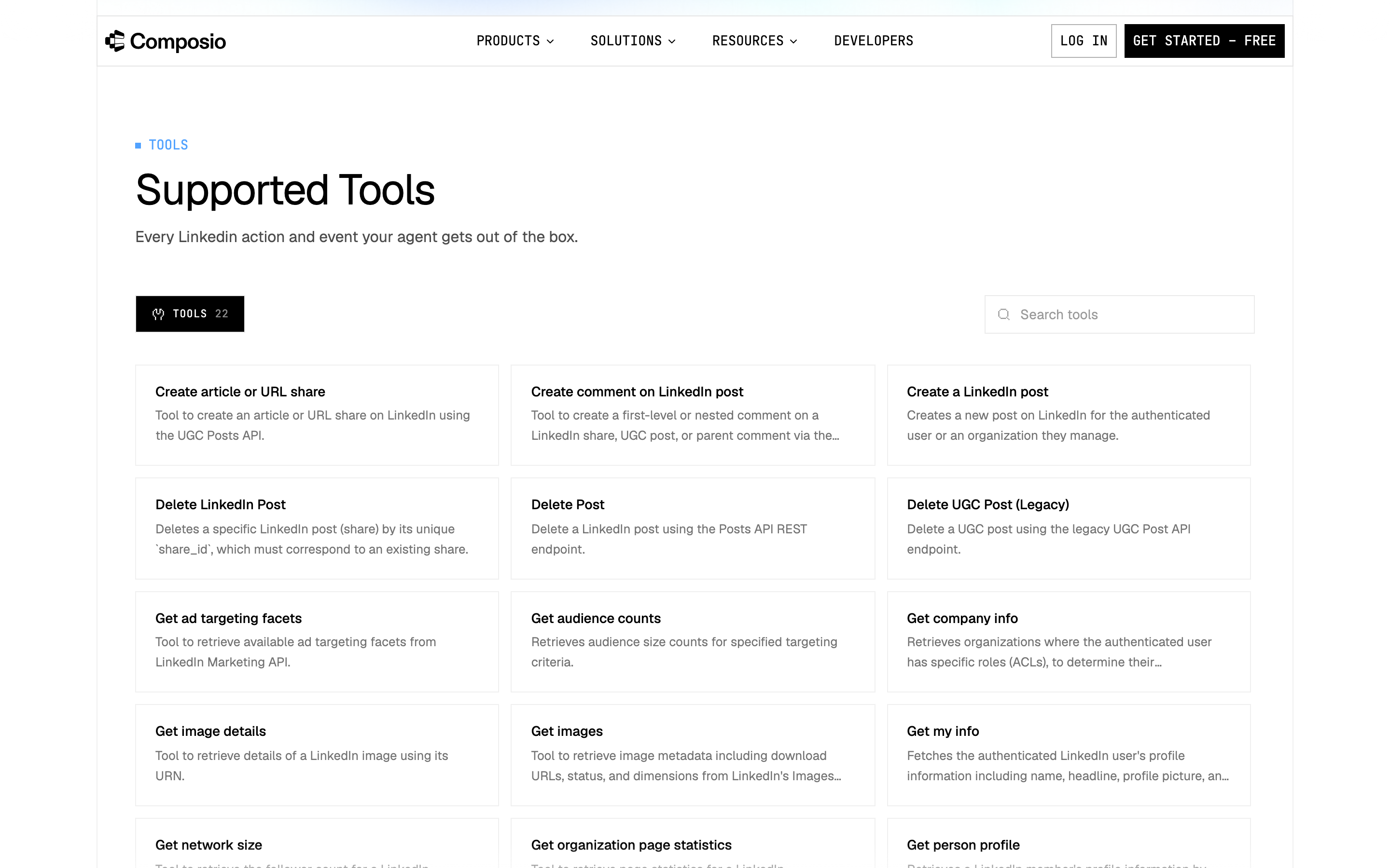 Composio's LinkedIn toolkit page listing 22 tools, three of which delete a LinkedIn post.