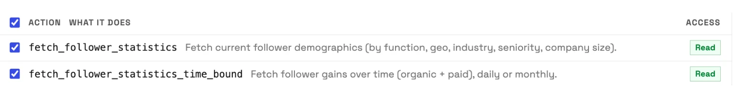 Two read actions in InsightfulPipe's LinkedIn Page & Profile list: fetch_follower_statistics for follower demographics by function, geography, industry, seniority and company size, and fetch_follower_statistics_time_bound for follower gains over time.