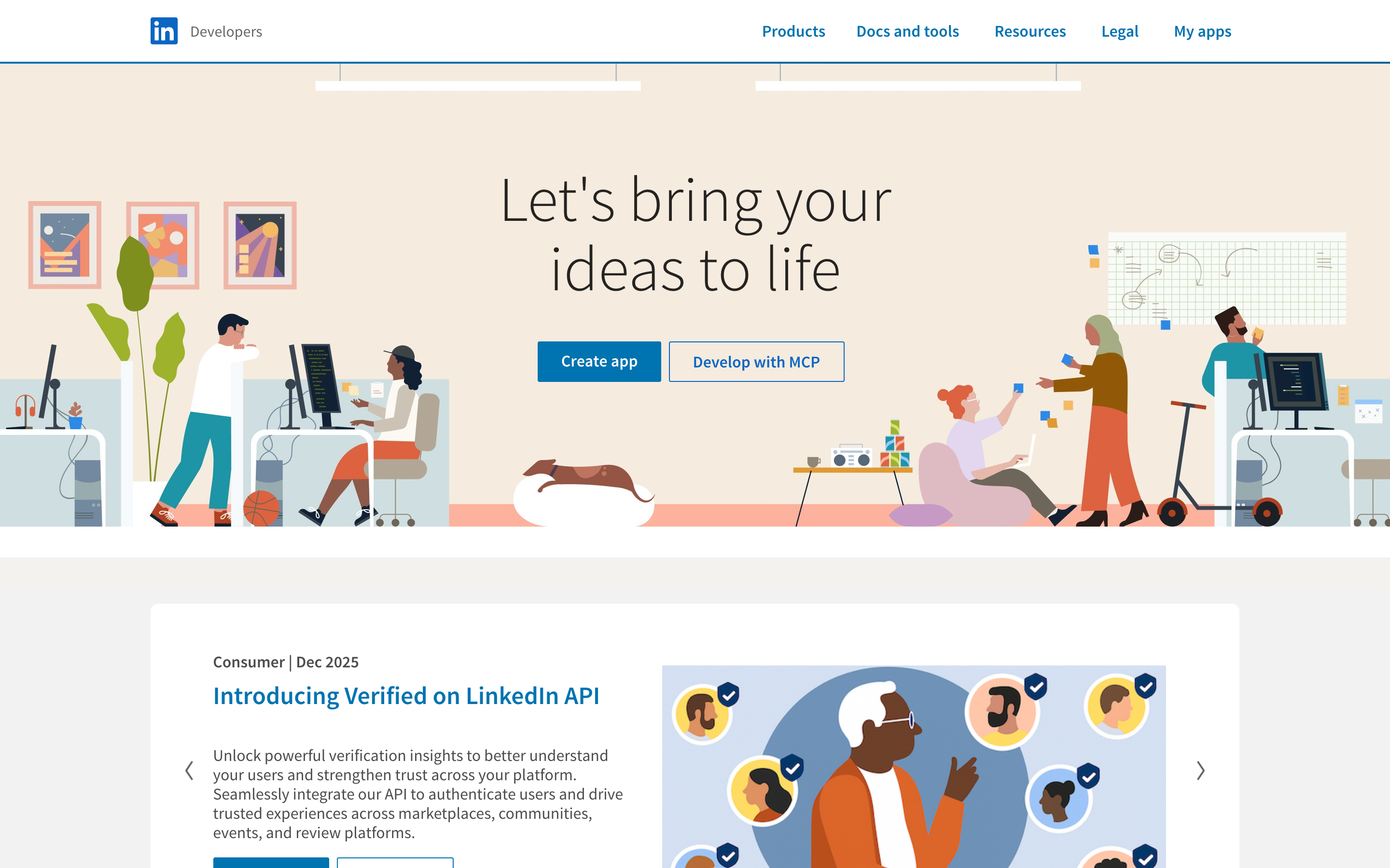 LinkedIn's developer portal homepage with a Develop with MCP button beside Create app, leading to a page that needs a developer sign-in.