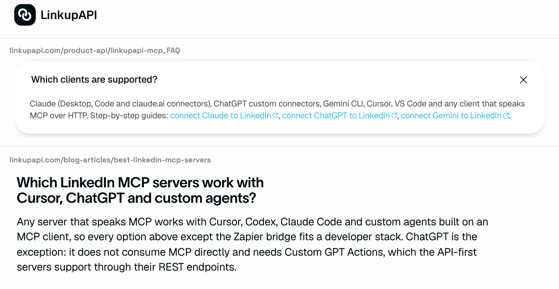 Two LinkupAPI pages that disagree about ChatGPT: its MCP page FAQ lists ChatGPT custom connectors among supported clients, while its LinkedIn MCP roundup says ChatGPT does not consume MCP directly.
