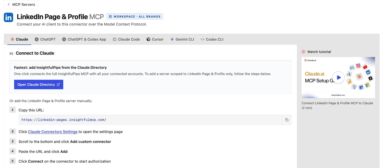 The LinkedIn Page and Profile MCP guide inside InsightfulPipe on the Claude tab: the Open Claude Directory button, the server URL https://linkedin-pages.insightfulmcp.com/, the client tabs and the setup steps.