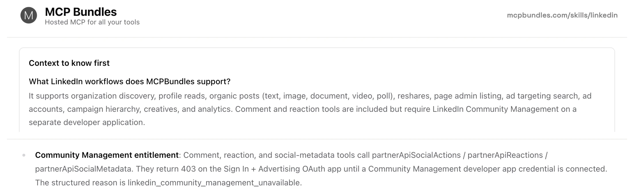 MCPBundles' LinkedIn skill page, which says comment and reaction tools require LinkedIn Community Management on a separate developer application and return 403 until a Community Management developer app credential is connected.