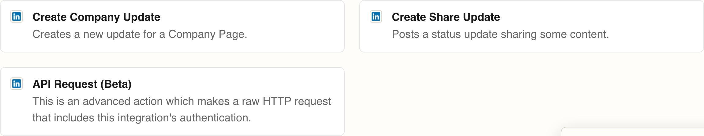 Zapier's LinkedIn MCP supported actions: Create Company Update, Create Share Update and a raw API Request in beta.