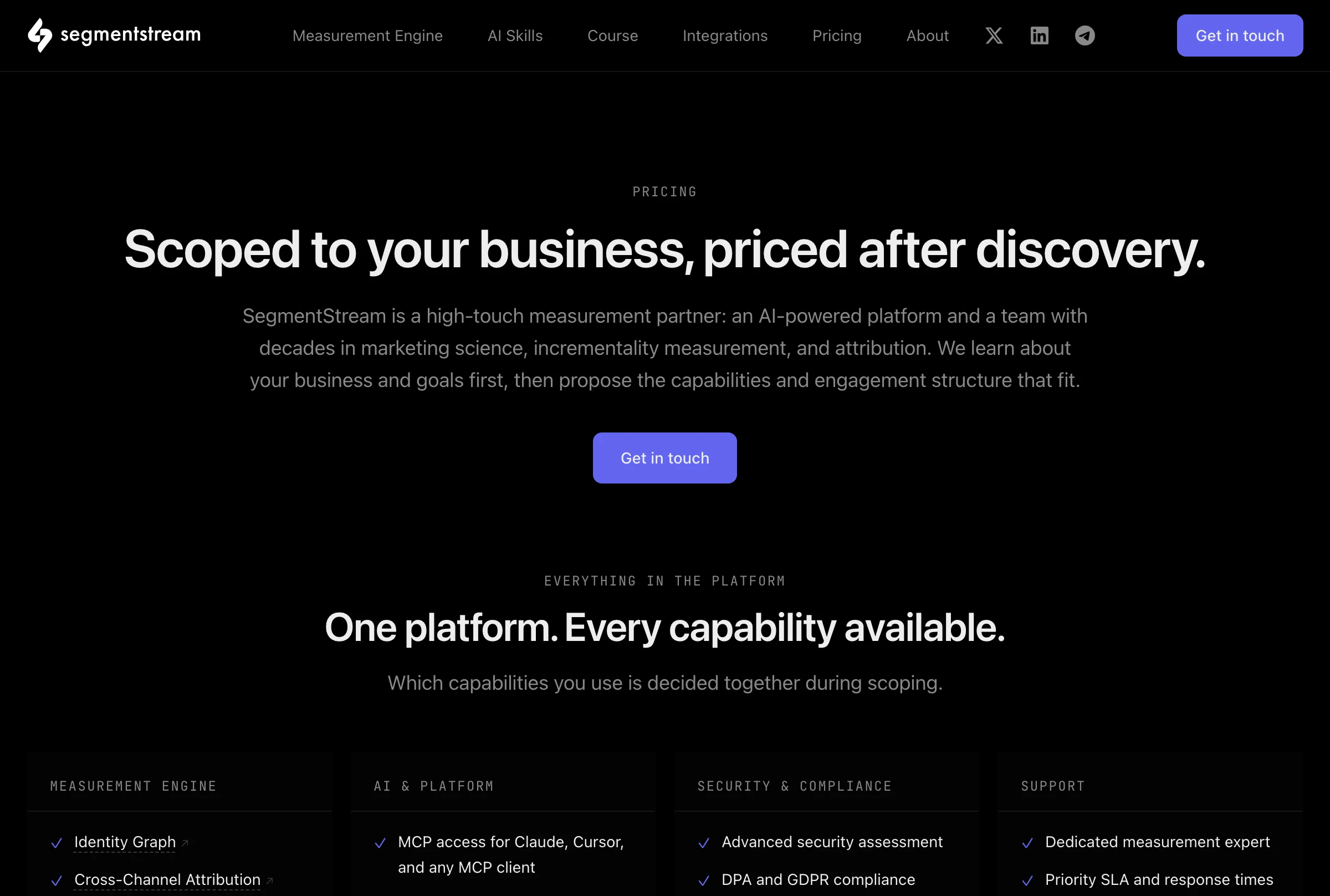 SegmentStream's pricing page: scoped to your business and priced after discovery, with MCP access for Claude, Cursor and any MCP client.