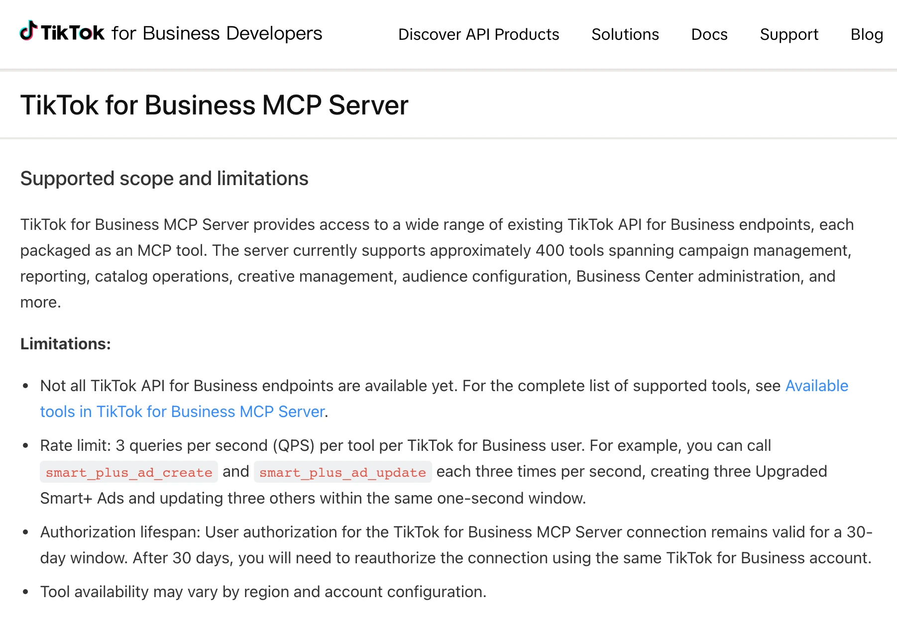TikTok's MCP server docs: approximately 400 tools, a rate limit of 3 queries per second per tool, and an authorization that lasts 30 days.