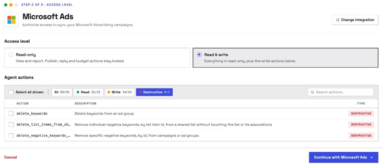 InsightfulPipe's Microsoft Ads access level step before any Microsoft sign-in: Read & write selected, 89 of 92 actions on, Read 35 of 35, Write 54 of 54, and all three delete actions off on the Destructive tab.