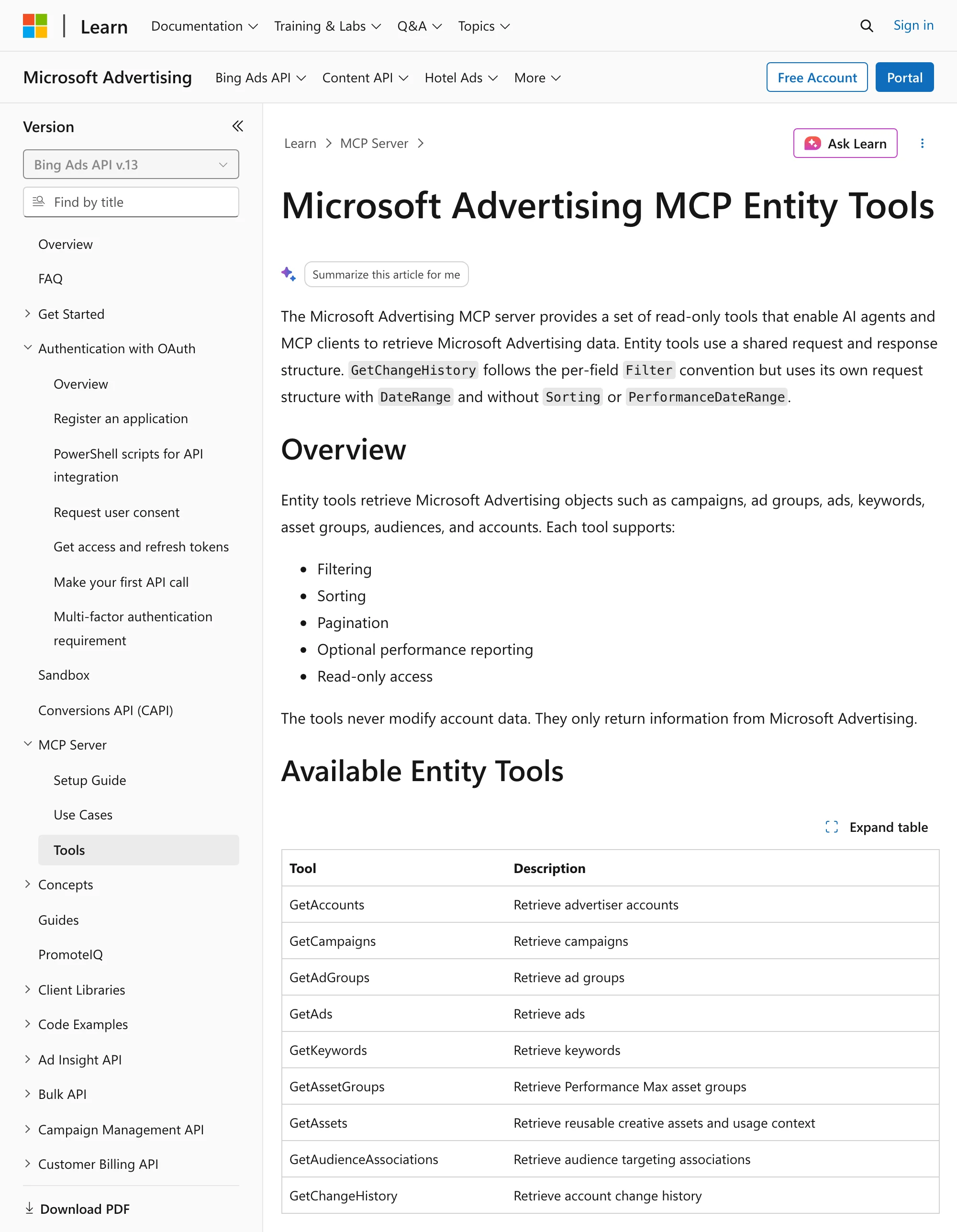 Microsoft Learn's Microsoft Advertising MCP Entity Tools page, dated 2026-10-20, saying the tools never modify account data, with the nine tools from GetAccounts to GetChangeHistory.