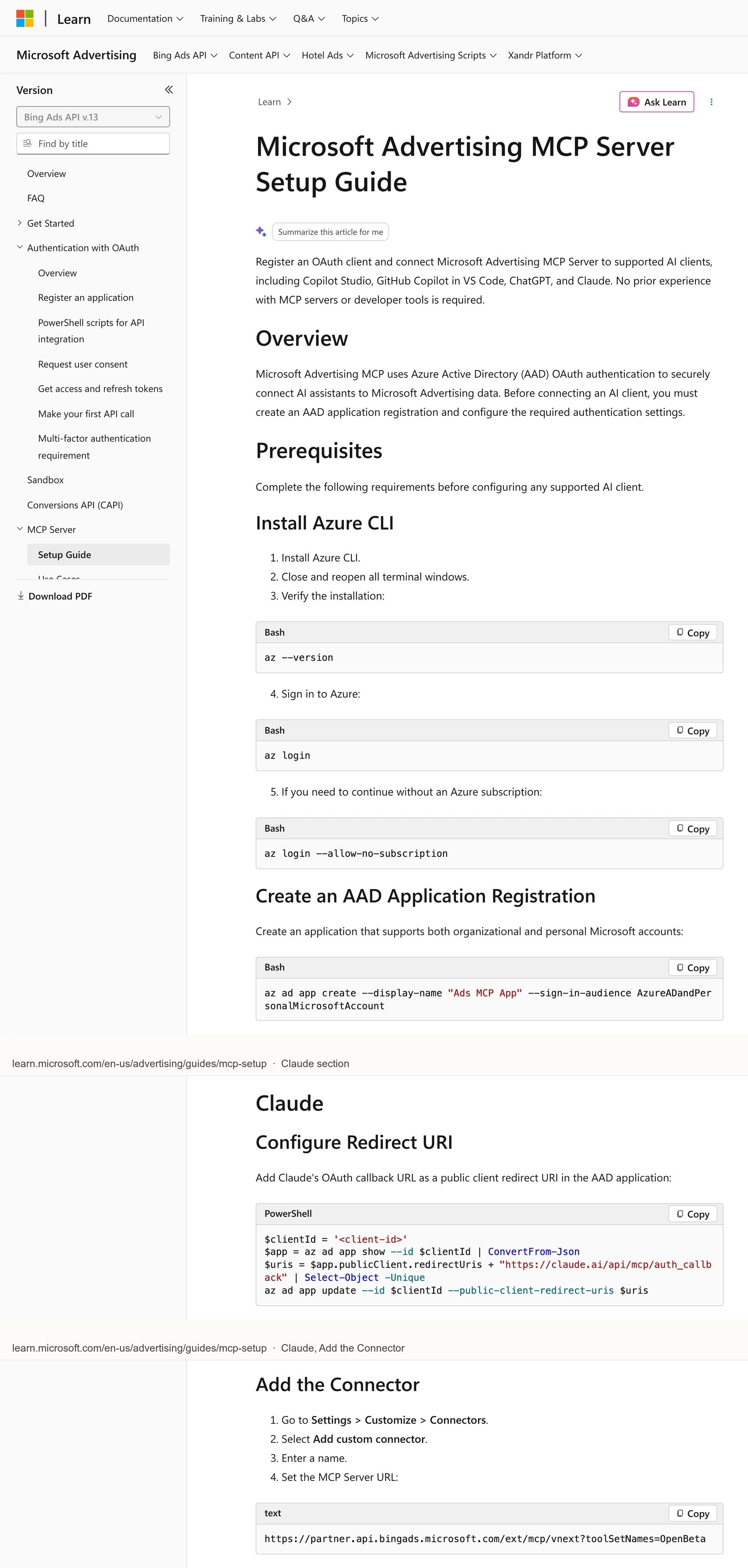 Microsoft's MCP setup guide asking you to install the Azure CLI and create an Azure Active Directory app with az ad app create, then add Claude's callback URL to that app.