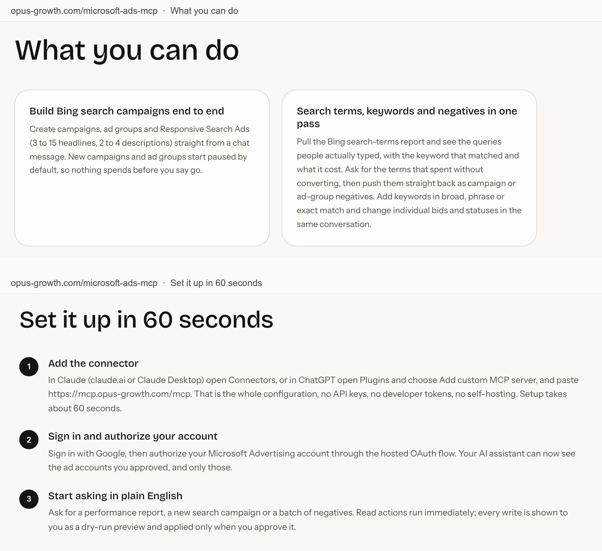 Opus Growth's Microsoft Ads MCP page saying new campaigns and ad groups start paused by default, and that every write is shown as a dry-run preview applied only when you approve it.