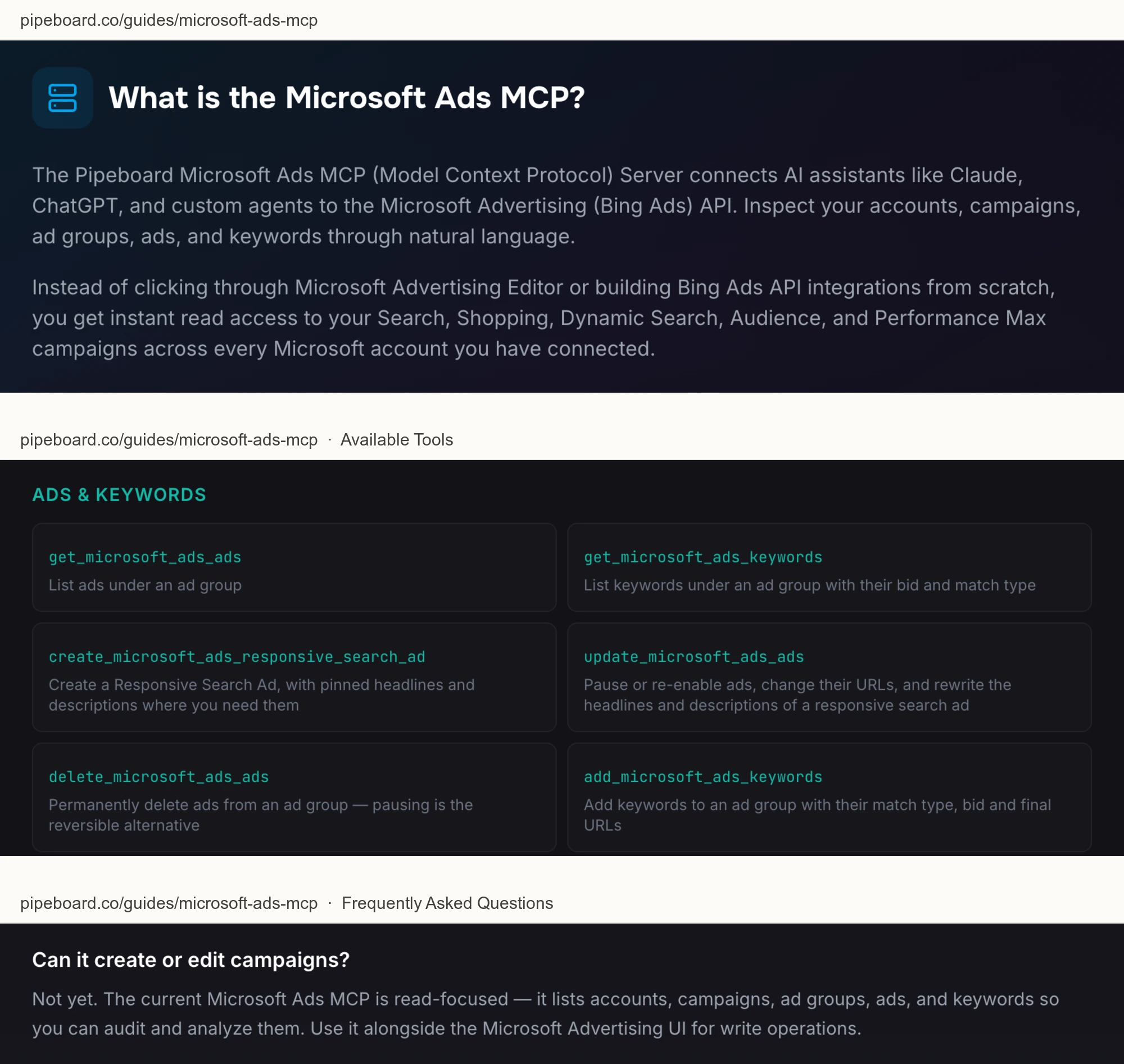 Pipeboard's Microsoft Ads MCP guide listing tools that pause, re-enable and permanently delete ads, above its own FAQ answering Not yet to whether it can create or edit campaigns.