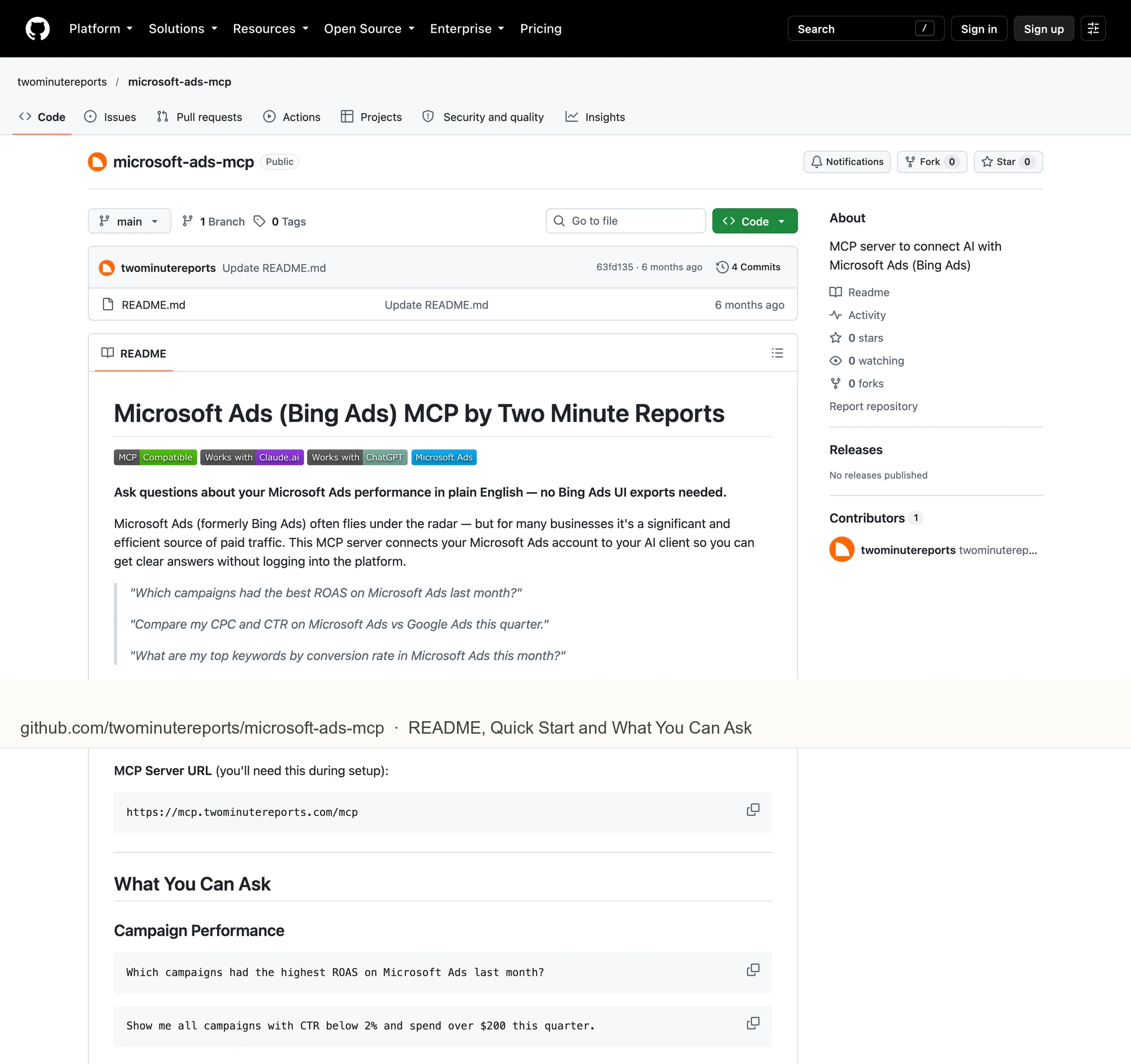 The Two Minute Reports Microsoft Ads MCP README on GitHub, with its server URL mcp.twominutereports.com/mcp and sample questions that only read performance data.