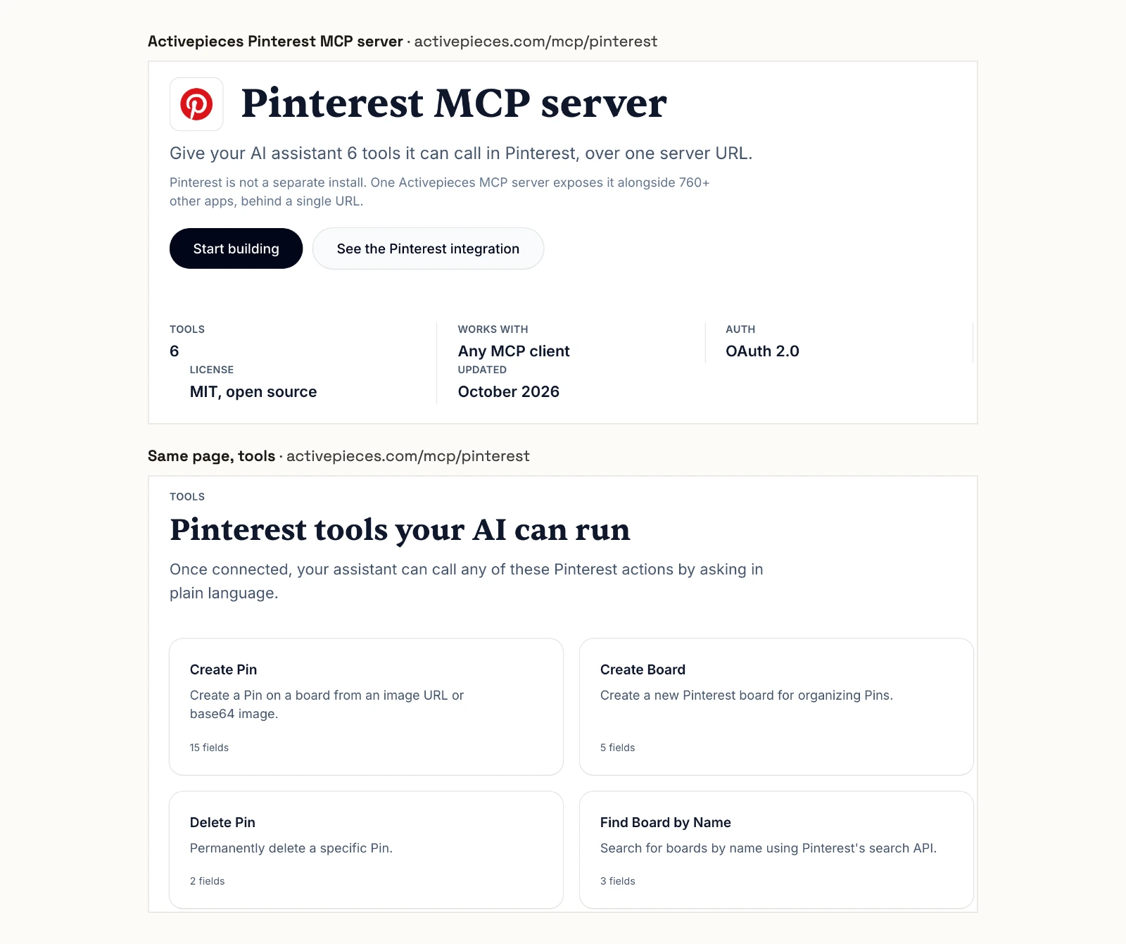 Activepieces' Pinterest MCP server page offering 6 tools with an MIT, open source license, updated October 2026, and its tool cards, including Delete Pin, which permanently deletes a specific Pin.