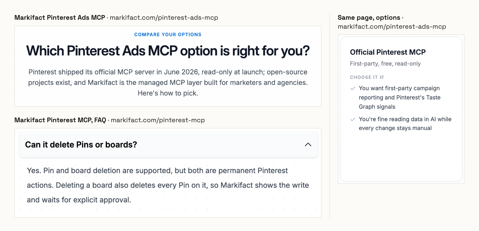 Markifact's Pinterest Ads MCP page saying Pinterest shipped its official MCP server in June 2026, read-only at launch, and labelling it first-party, free, read-only, beside Markifact's organic FAQ saying pin and board deletion are supported and deleting a board deletes every Pin on it.