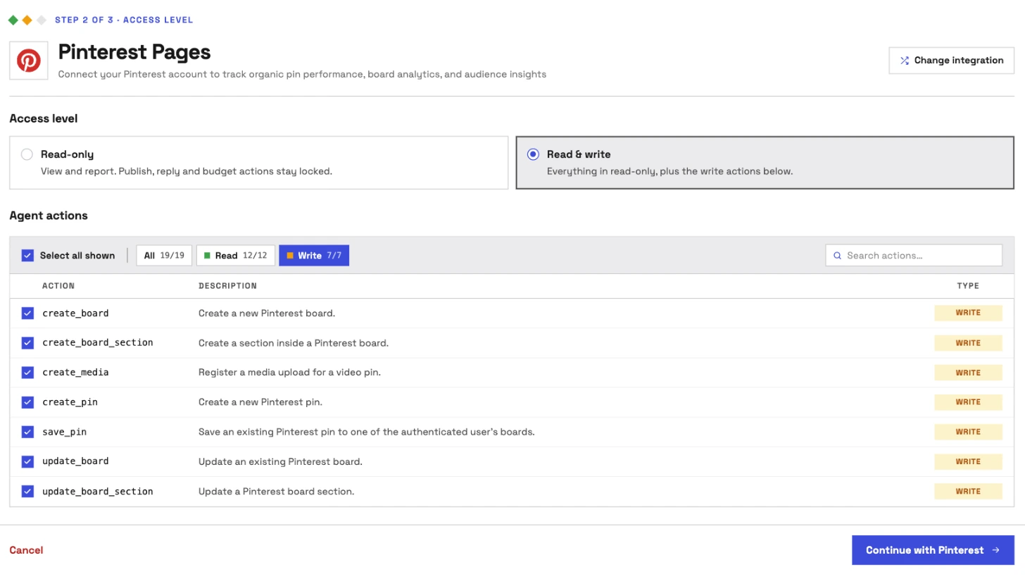 InsightfulPipe's Pinterest Pages access level step with Read & write selected: all 19 of 19 actions, Read 12 of 12 and Write 7 of 7, showing create_board, create_board_section, create_media, create_pin, save_pin, update_board and update_board_section, and no delete action.