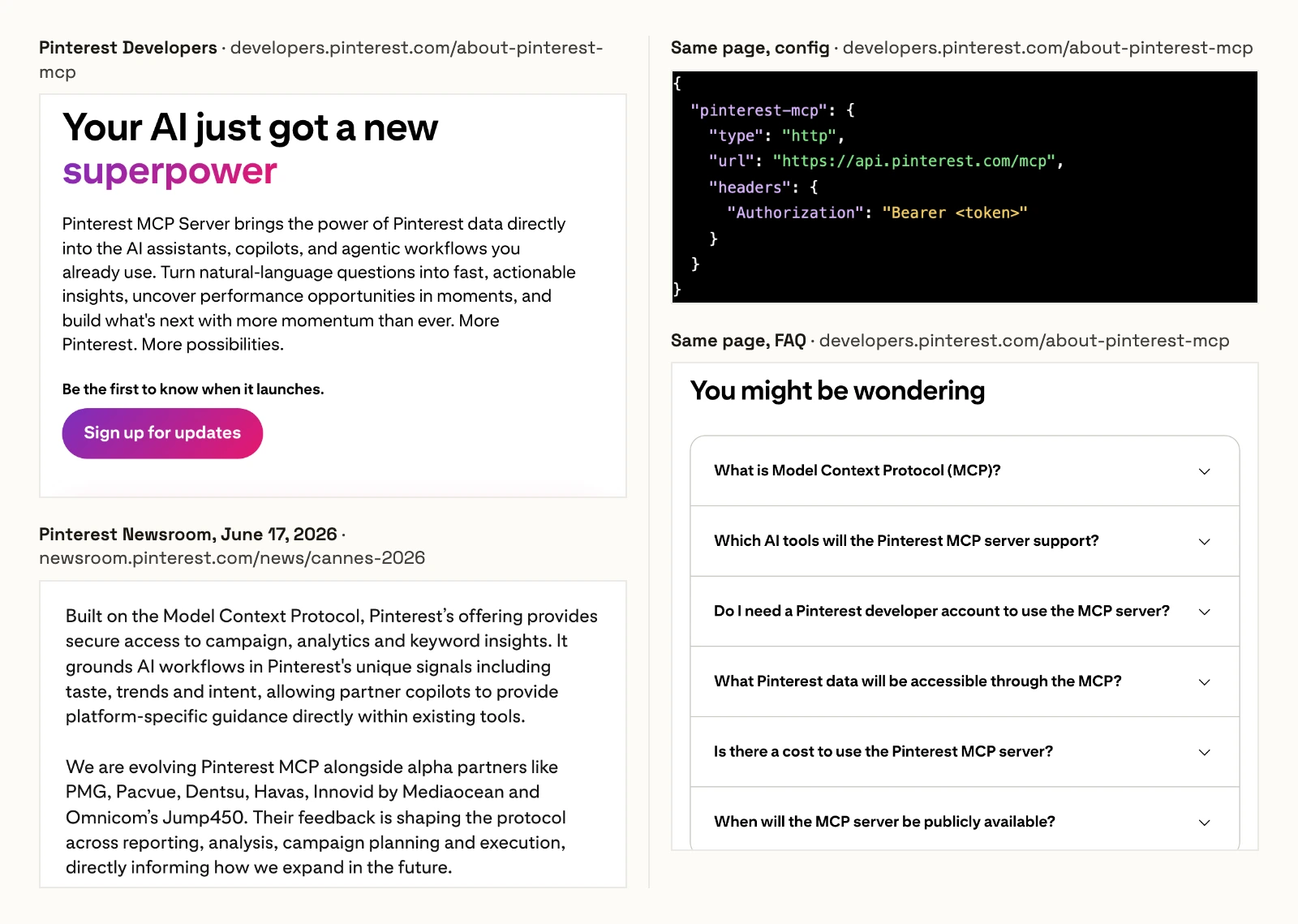 Pinterest's developer page on 2026-10-15 saying Be the first to know when it launches, with the api.pinterest.com/mcp config and a Bearer token and six FAQ questions left unanswered, beside its June 17 newsroom post naming the alpha partners.
